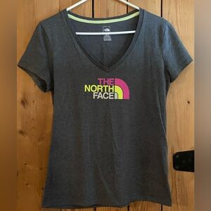 The North Face Women's Charcoal V-Neck Logo Tee with Pink & Yellow Accents